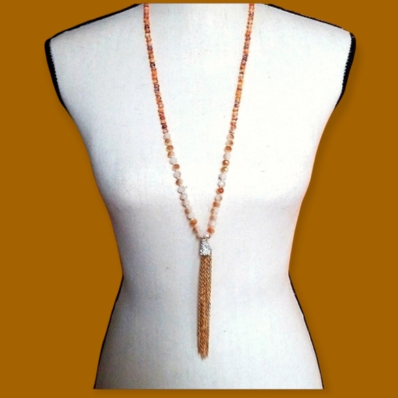 Hand Crafted Glass Bead and Austrian Crystal Gold Tone Tassel Necklace